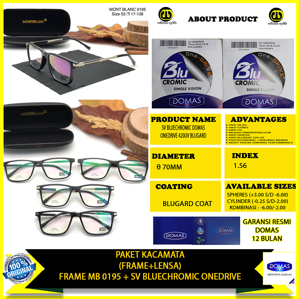 PAKET KACAMATA (FRAME+LENSA) MB 0195 BLUECHROMIC ONEDRIVE DOMAS