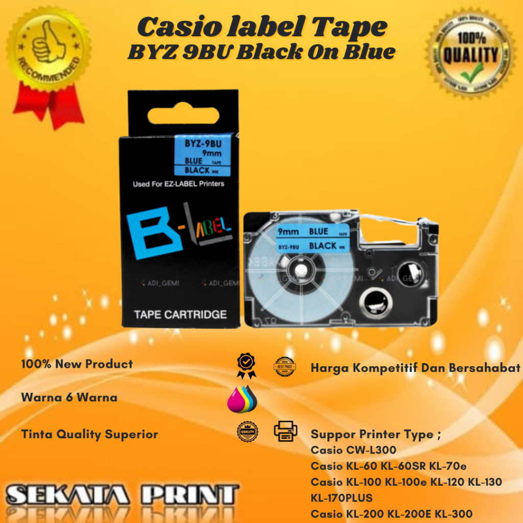 

Sekata Print Compatible Casio Label Tape BYZ-9BU Black On Blue - KL-60