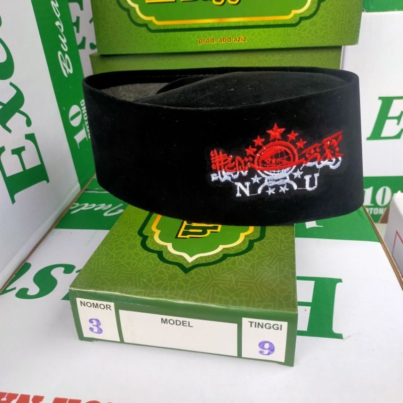 Songkok Hitam Bludru NU Merah Putih Nomor 3 Tinggi 9 | Peci Kopyah Kupluk Nasional Al Bayyinah Logo 