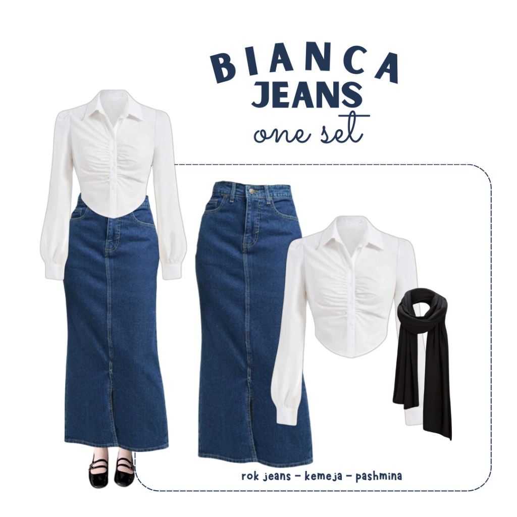 Setelan OOTD Kekinian (Kemeja Crop Putih, Rok Jeans Navy, Pashmina) One Set Outfit Remaja - CTO23