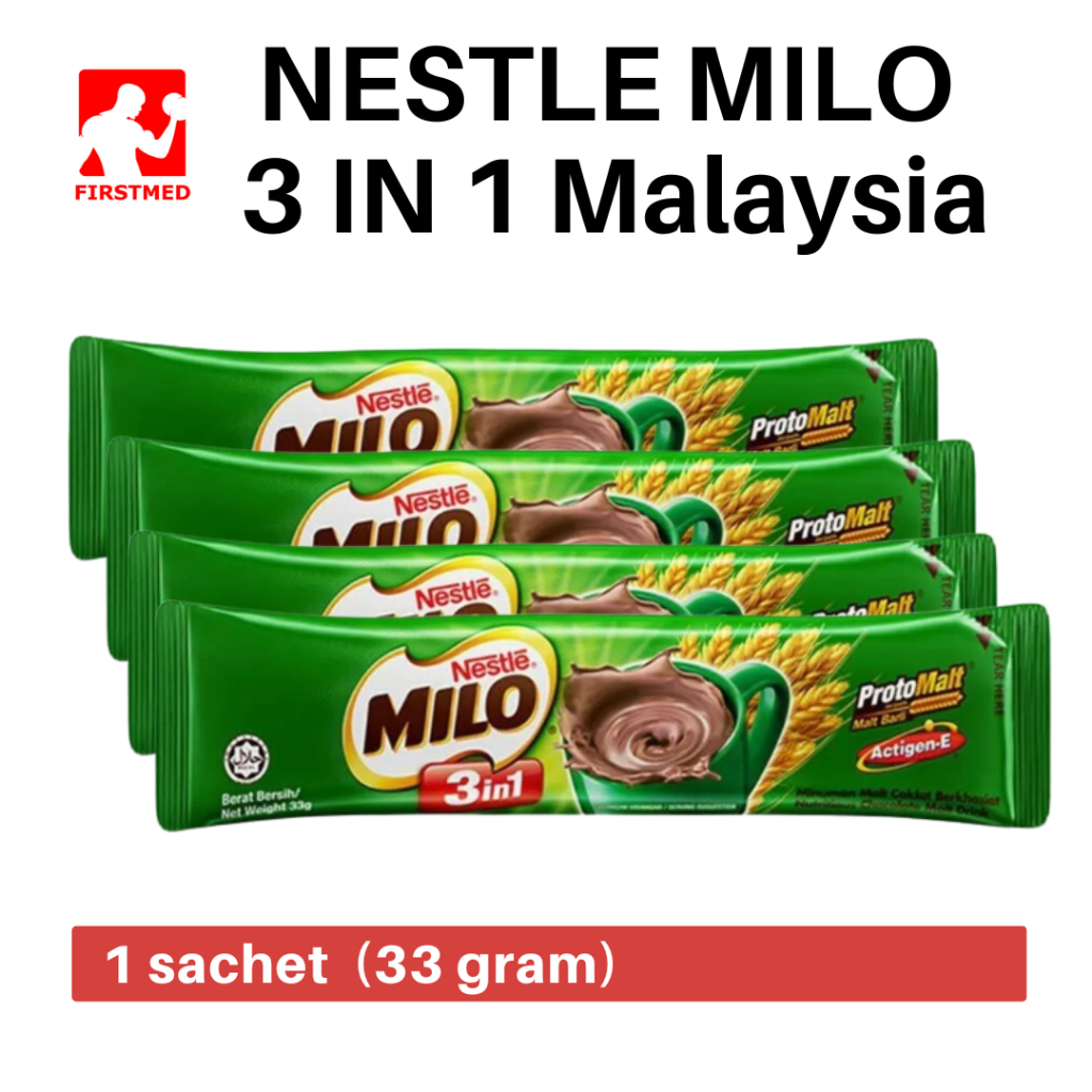 

MILO 3 IN 1 NESTLE PER PCS 33 GRAM MINUMAN COKLAT MALT BUBUK MALAYSIA ORIGINAL CHOCOLATE DRINK