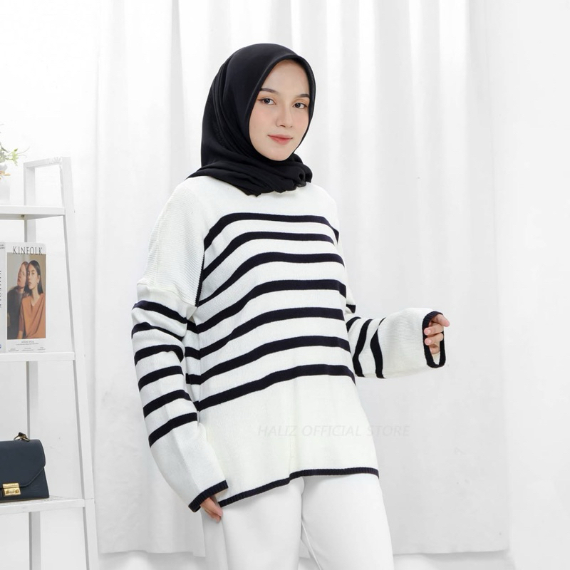 Atasan Wanita Rajut Motif Garis, Sweater Kekinian Panjang, Top, Crop, Oversize, Outer BW kekinian