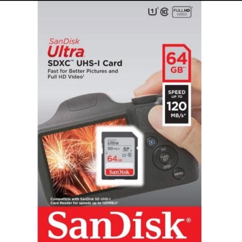 SD CARD 64 GB SANDISK 120 Mbps Class 10 Memory Kamera SDCard Sandisk 64GB 120Mbps C10 SDHC