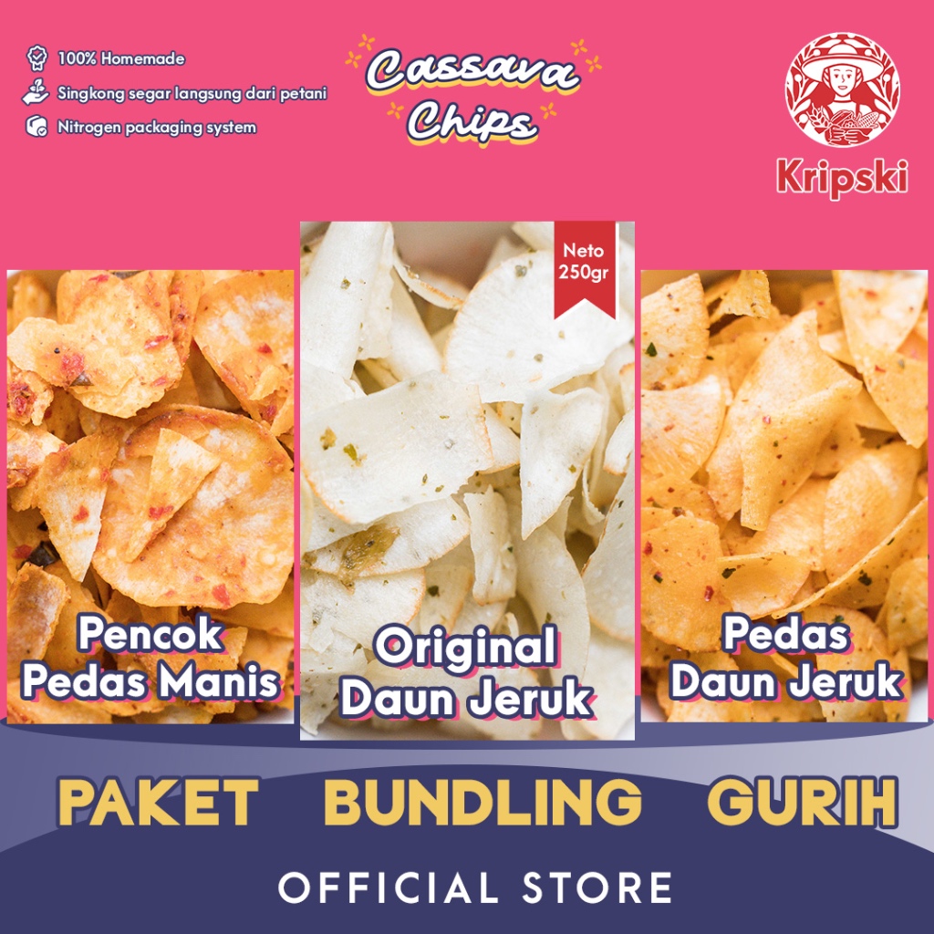 

Paket Bundling Gurih “Pencok Pedas Manis + Ori Daun Jeruk + Pedas Daun Jeruk” 250gr Keripik Singkong