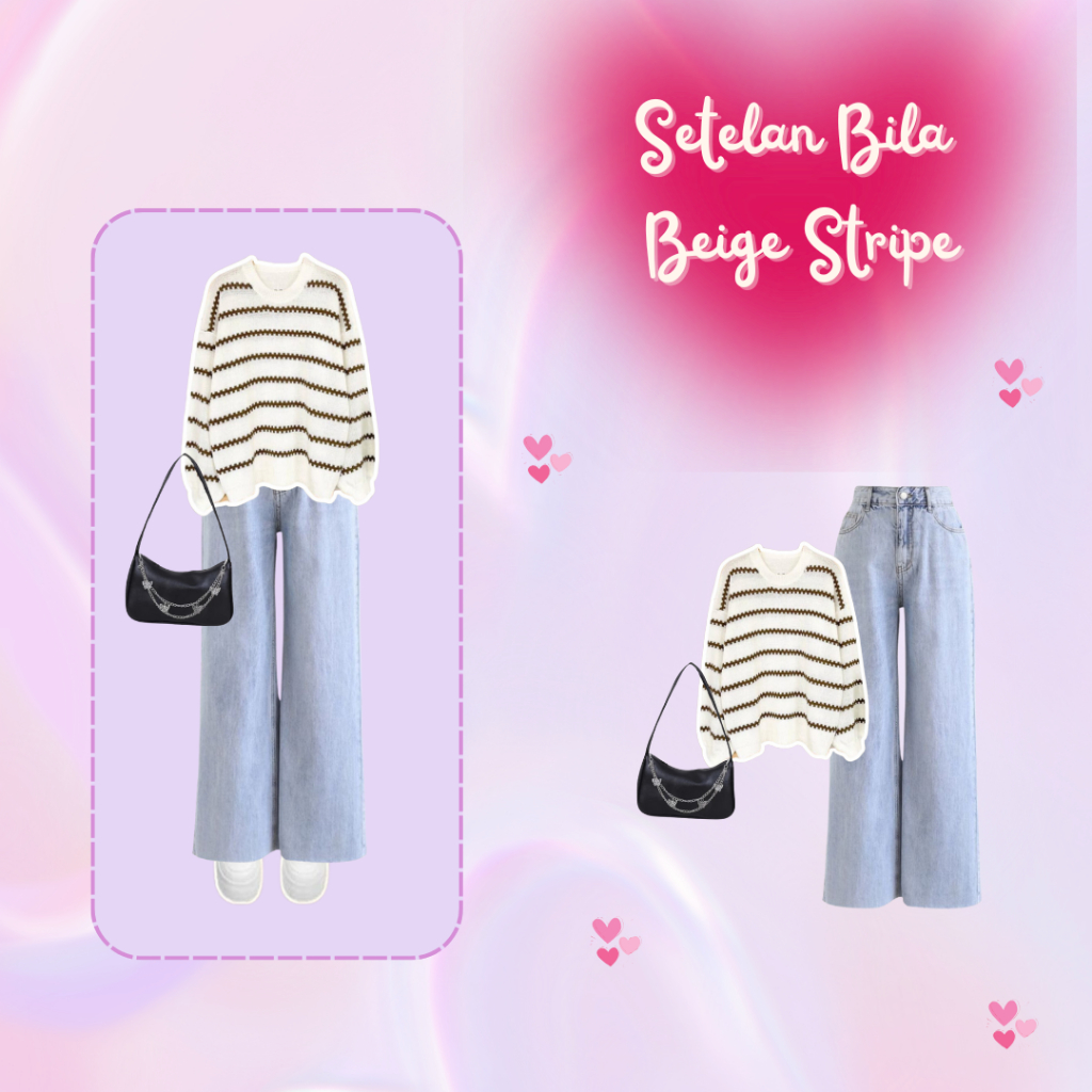 Setelan Bila  Beige Stripe (Sweater+Celana+Tas) One Set Wanita Korea
