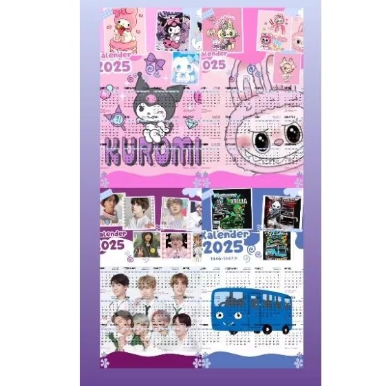 

KALENDER 2025 Laminasi Glossy KPop Bus Basuri Labubu Sanrio Free Stiker Hologram