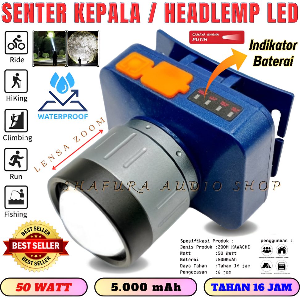 Promo - Senter Kepala 50 Watt Zoom Led Kawachi Ly-500z | Headlamp Super Terang Cahaya Putih Dan Kuni