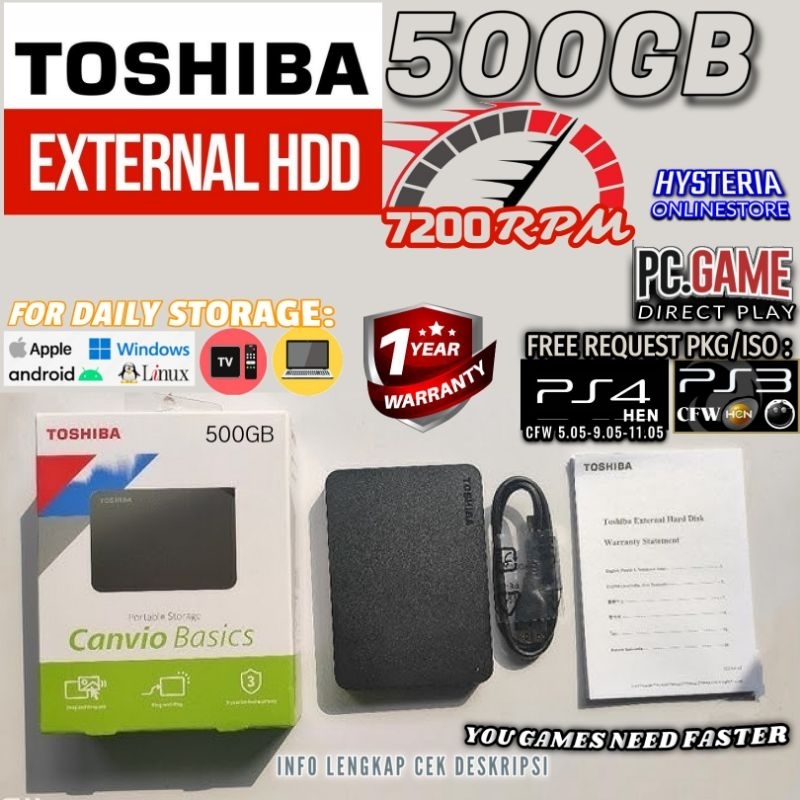 Hardisk Game PS3 PS4 PC | Hardisk External 2.5" Toshiba Canvio 500GB 7200RPM Original Garansi