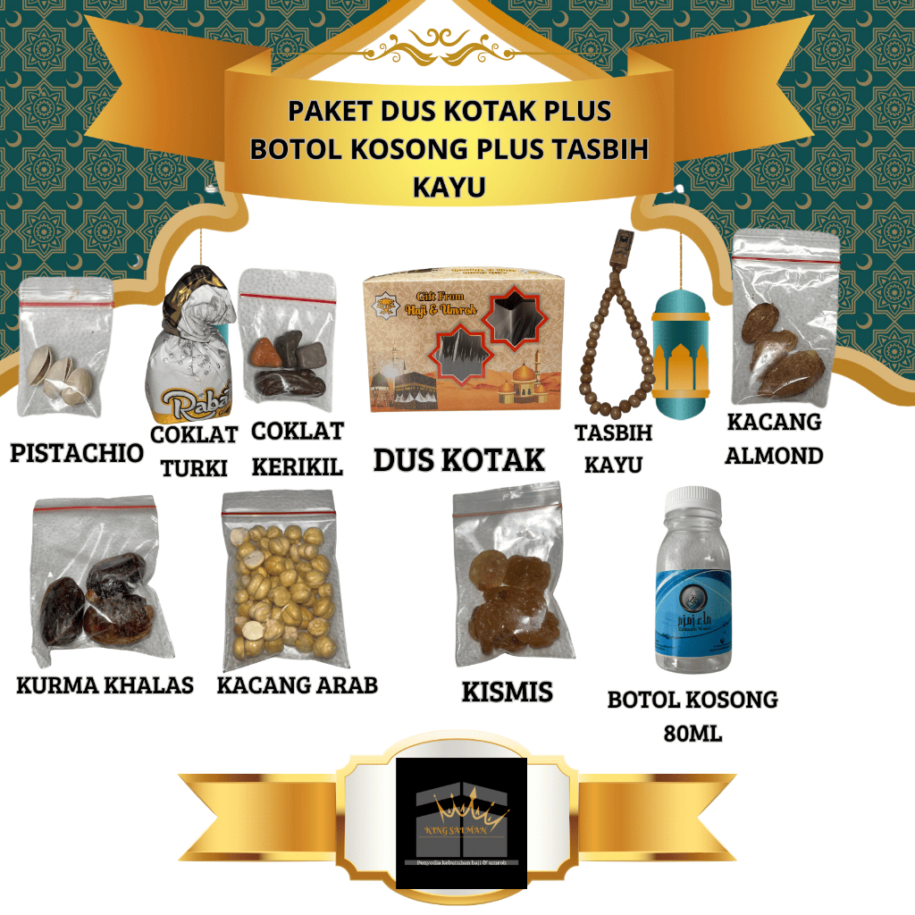 

Oleh-Oleh Haji dan umroh paket dus kotak plus tasbih kayu dan botol kosong
