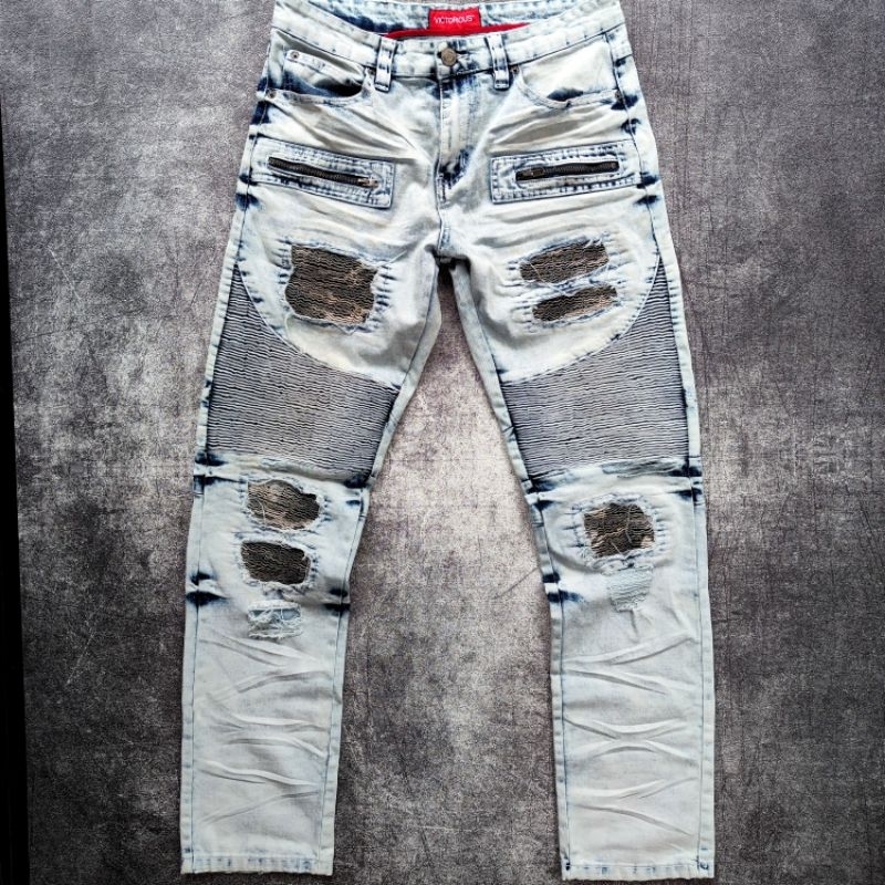 VICTORIOUS LIGH BLUE BIKERS RIPPED STRETCH JEANS (harga nett)