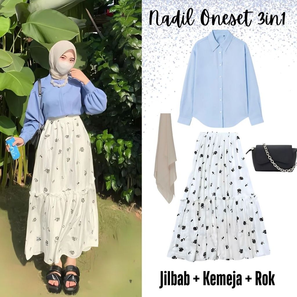 Oneset 3in1 kemeja biru rok putih motif bunga jilbab bella square | ootd outfit main kuliah kampus h