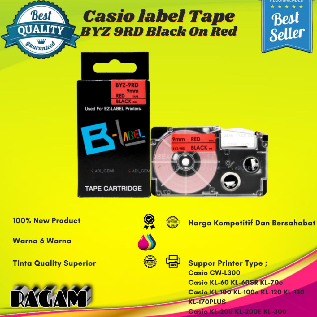 

Compatible Label Tape Casio BYZ 9RD Black On Red - 9mm