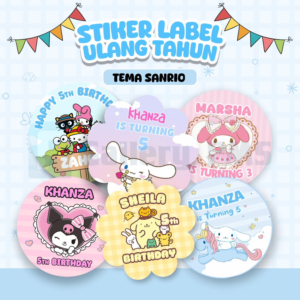 Stiker Ulang tahun Sanrio Custom, Sticker Ultah Kuromi My melody cinnamorol pompompurin keropi Stike