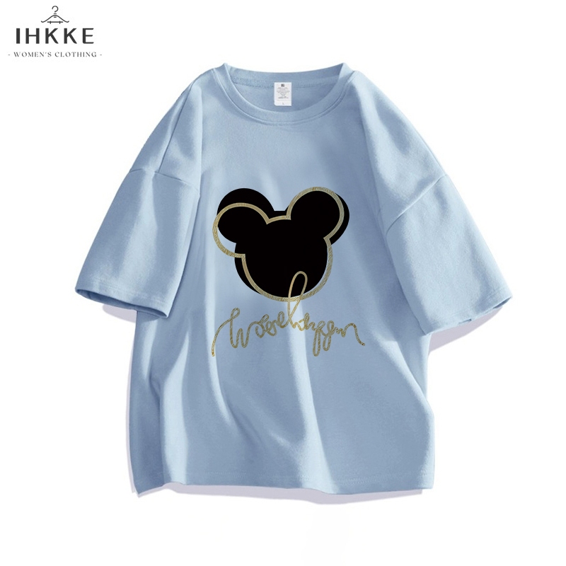 IHKKE Kaos Wanita Oversize Cartoon Cetakan Black Mickey Mouse Kaos Biru Kekinian 100% Cotton Spring 