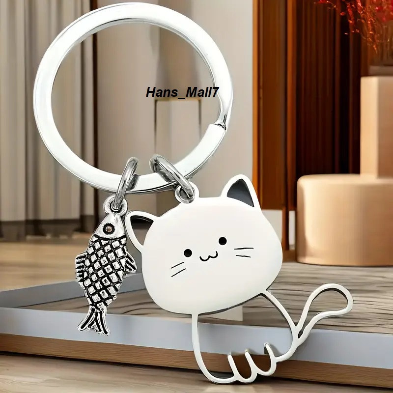 Hans9996- Gantungan Kunci Stainless Kucing Dan ikan Mini Lucu Anti Karat Kunci Mobil Motor Tas Cute 