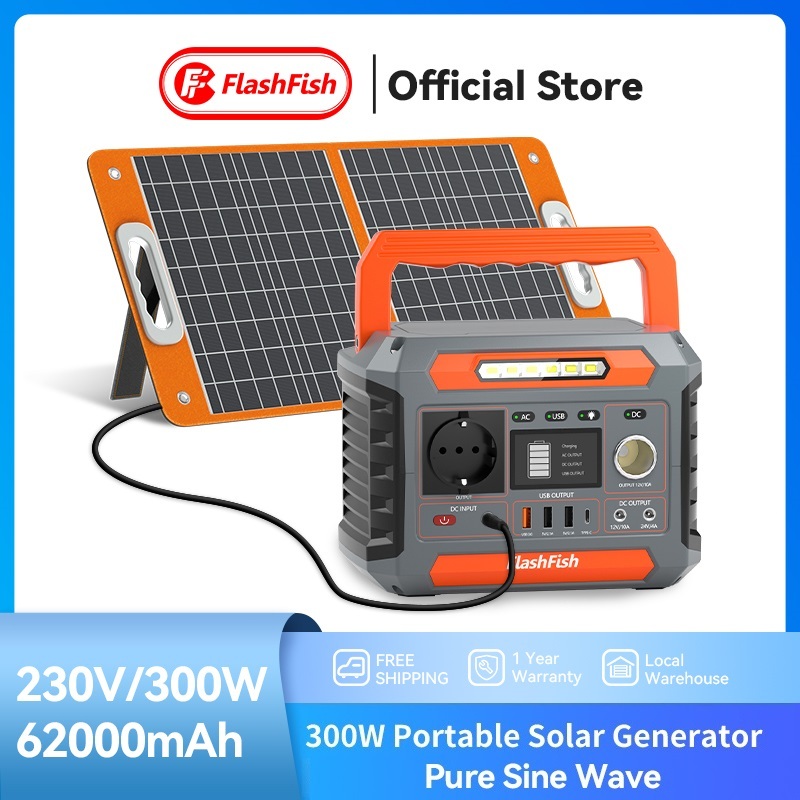 Flashfish 300W 230Wh Portable Power Station Powerbank Solar Cell Camping Solar Generator Listrik Min