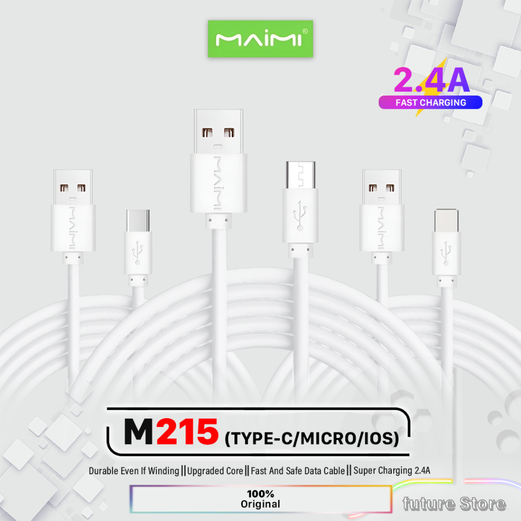 KABEL MAIMI M215-TYPE C-TYPE MICRO-TYPE LIGHTING -1.5A-SINGLE USB-KABEL DATA 2M-WHITE-CHARGING SPEED