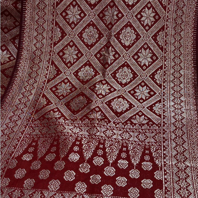 Helentex - Songket Tenun Asli Palembang Gebeng | Merah Hati | Sarung Selendang | Hanya tersedia satu