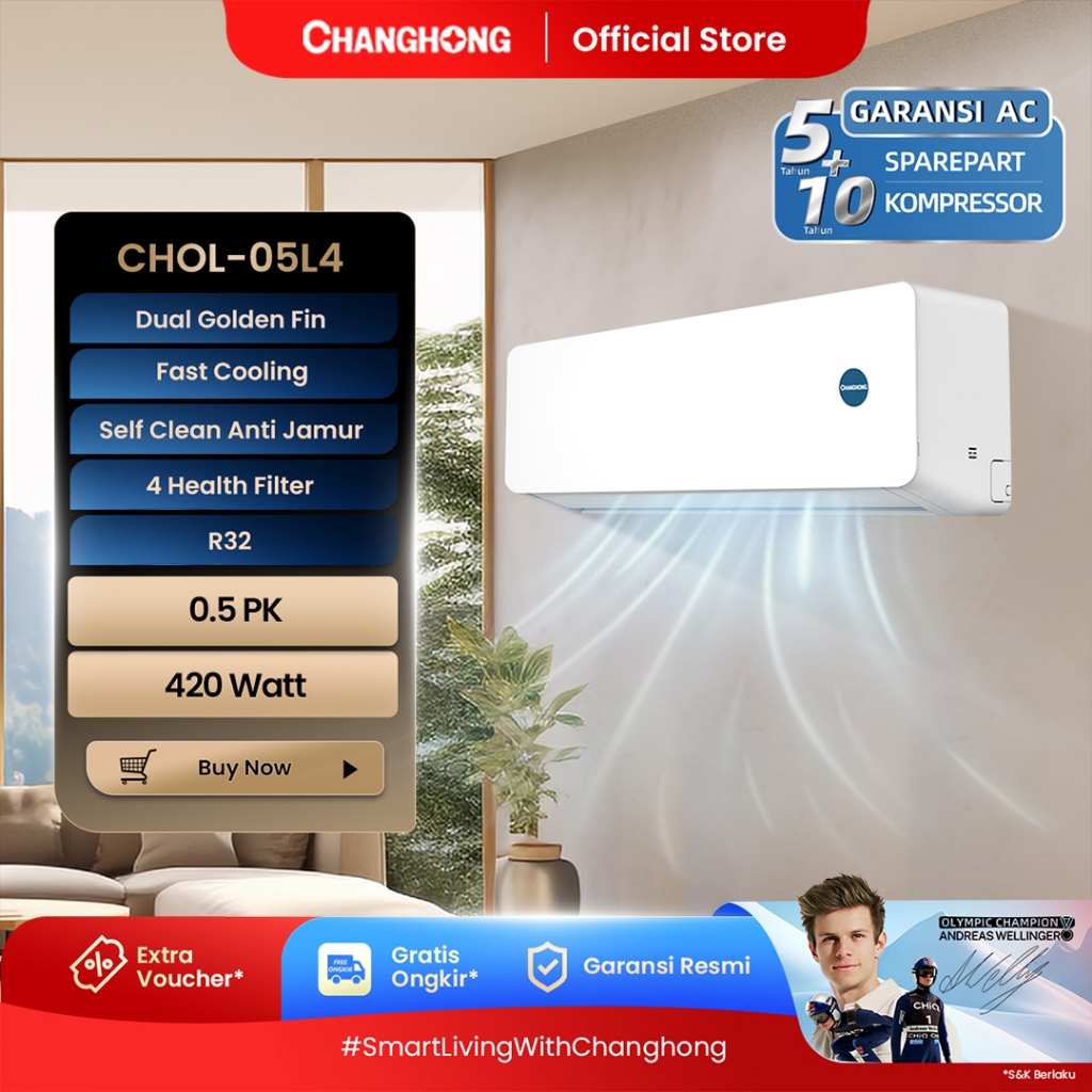 CHANGHONG AC 1/2 PK STANDARD CHOL-05L4 [INDOOR + OUTDOOR UNIT ONLY] [FAST COOLING] [SLEEP MODE] [ECO