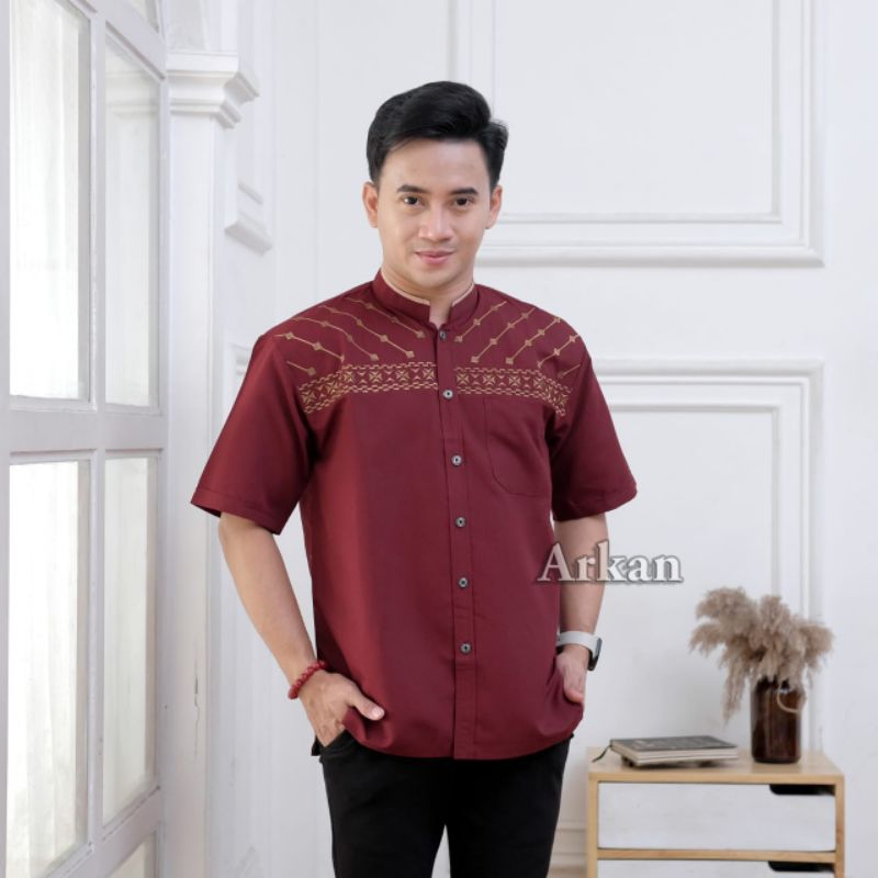 Koko Arkan Lengan Baju Koko Pria Lengan Pendek Motif Bordir Bahan Katun Vito Halus Adem Jatuh Kemeja
