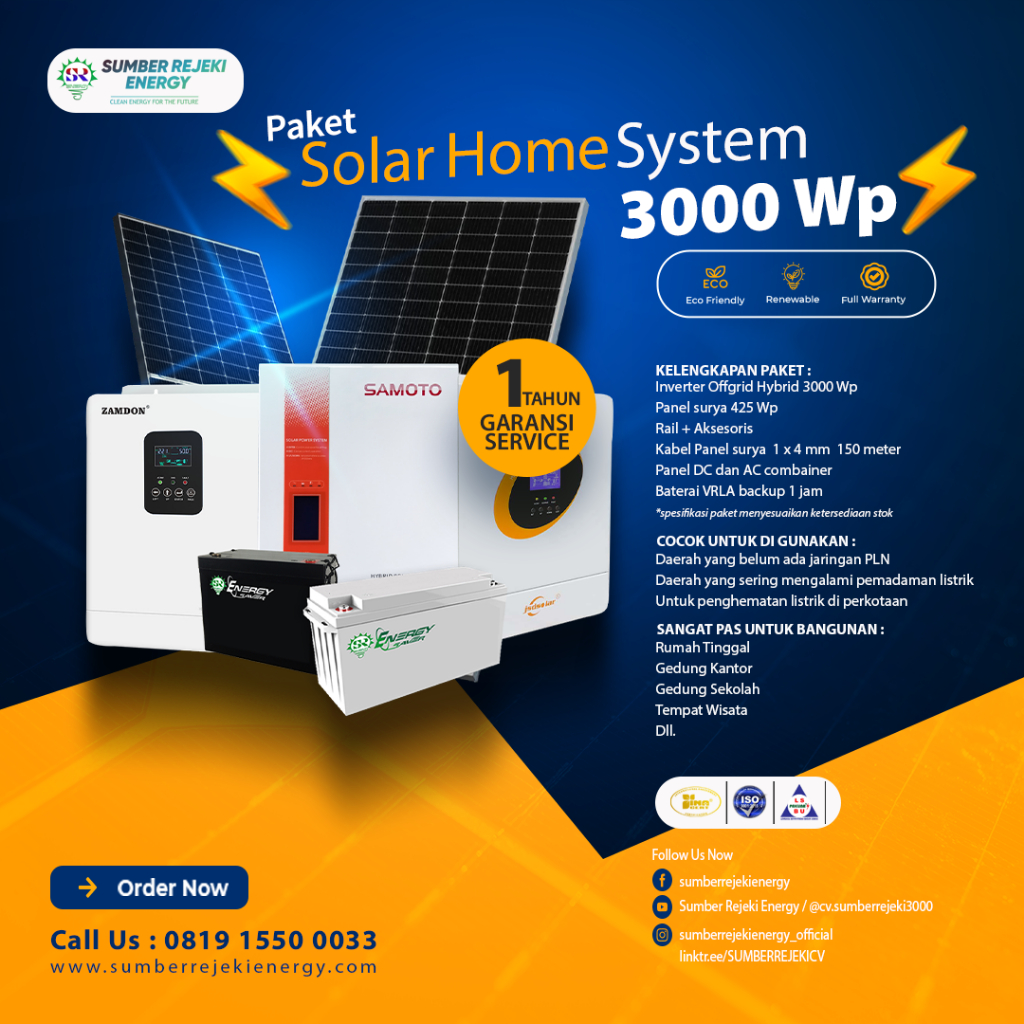 Solar Panel Panel Surya Pembangkit Listrik Tenaga Surya Baterai Panel Surya 1 Set PAKET Hemat 3000 W