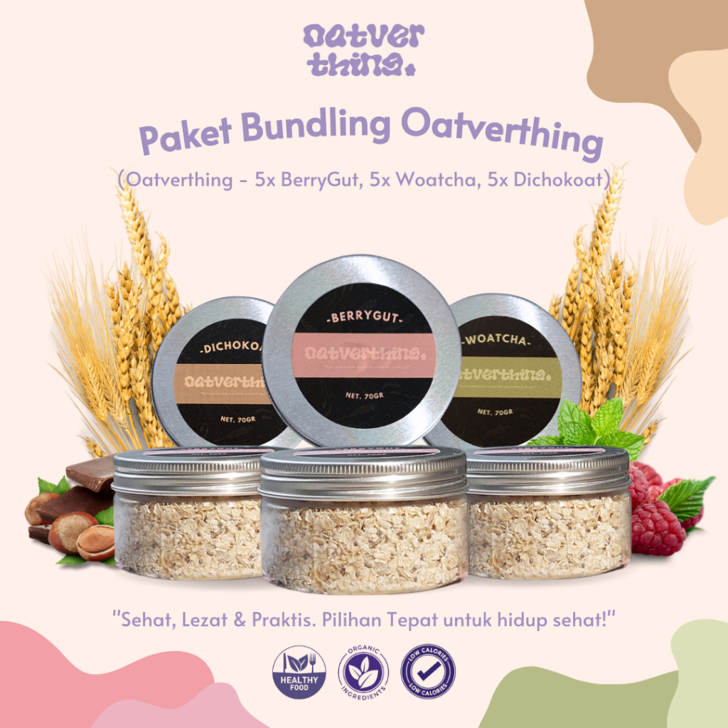 

Paket Bundling Granola Oatmeal 5pcs BerryGut Woatcha Dichokoat Sereal Sarapan Sehat Kemasan Jar 70g