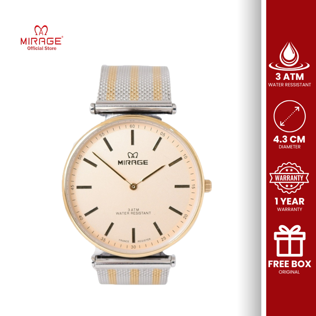Mirage Jam Tangan Analog Pria Kasual Simple Rantai Pasir Stainless Silver Gold 8711 M Bergaransi