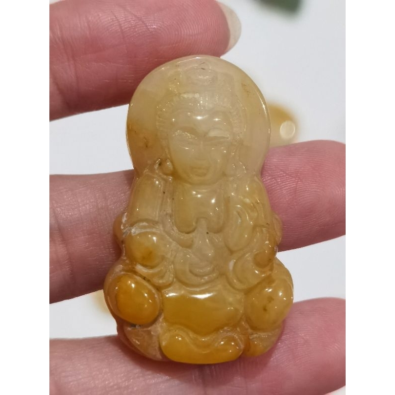 Giok Kuning Yellow Jadeite Natural Burma Dewi Kwan Im Guan Yin Kuan Im + Bonus Kalung Tali