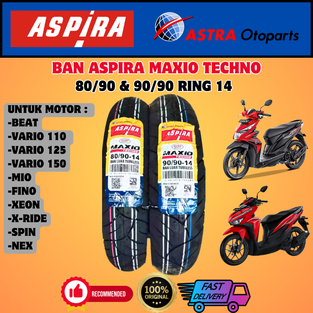 Ban ASPIRA ( 80/90 14 , 90/90 14 ) Tubeless Untuk Ban Depan Belakang Motor Beat All series Vario 110