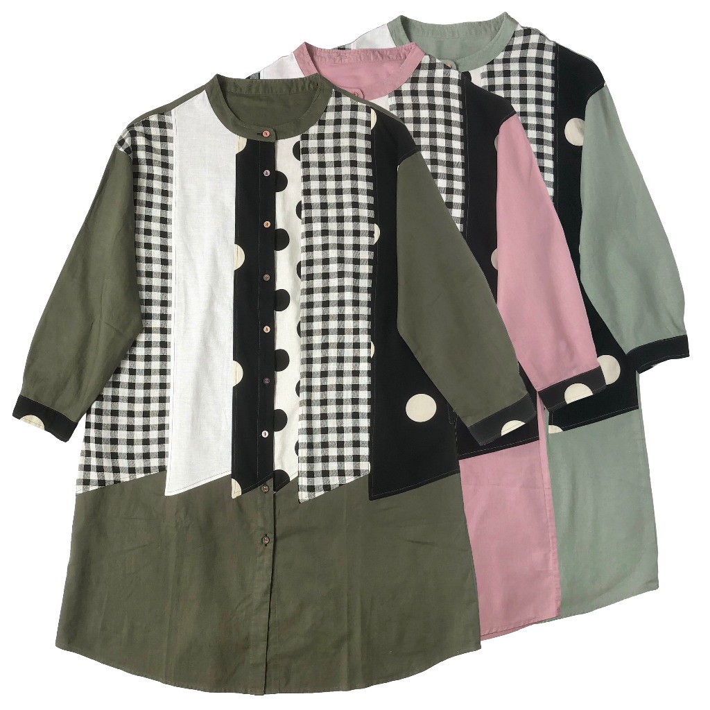 DRESS TUNIK LINEN OVERSIZE HIJAU PINK ABU PATCHWORK PANEL KOTAK POLKA DOT HITAM KOREA IMPORT