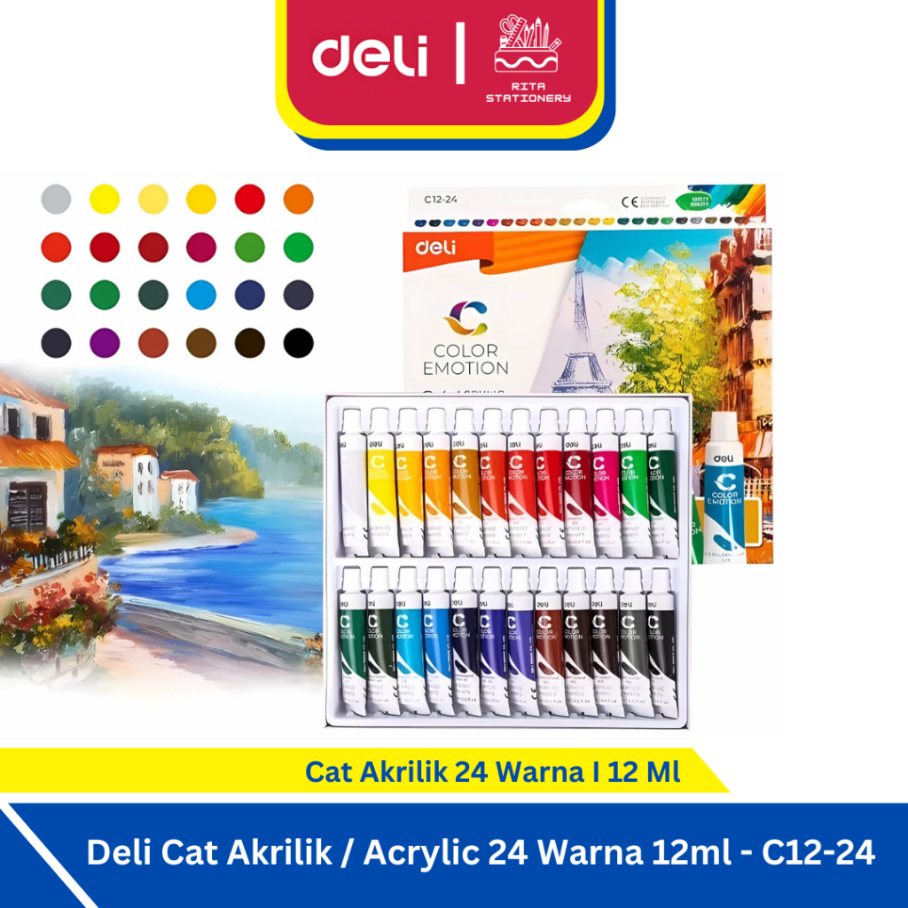 

Deli Cat Akrilik / Acrylic Paint 24 Warna 12ml Dapat Anak tulis di kanvas Kain Tanah Liat - EC-12-24