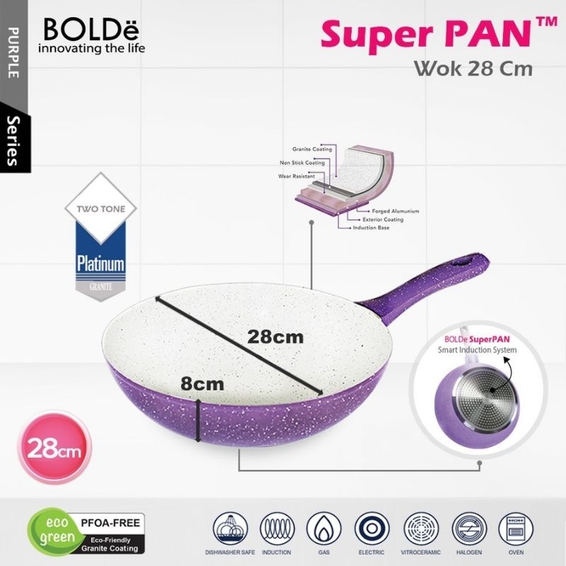 BOLDe Super Pan Wok 28 cm / Panci Wajan Wok 28 cm Granite Coating - Purple / Ungu BATAM