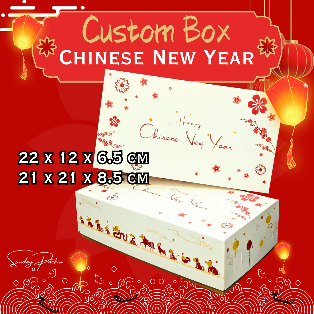

Custom Box Imlek CNY Kotak 22x12x6.5 21x21x8.5 Kraft PE Ivory Snack Box Brownies Roti Nasi Makanan Hampers