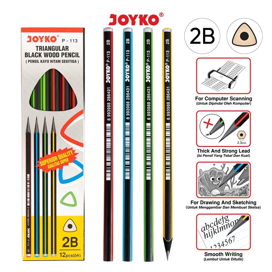 

Pensil Kayu 2B Komputer Joyko P-113 Triangular Black Wood Original (1 PCS) / Computer Pencil Pensil Komputer 2B Joyko P-113 Kayu Hitam Segitiga Per Pcs