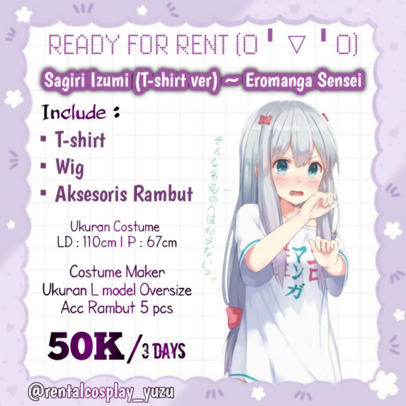 RENTAL SEWA SAGIRI T SHIRT VERSION EROMANGA SENSEI COSTUME COSPLAY ANIME KOSTUM COSPLAY