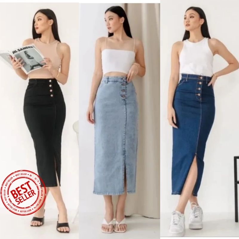 Rok Jeans Panjang Wanita Jumbo / Rok Jeans Span Wanita Kancing 5 Model Belah Depan / Rok Denim Wanit