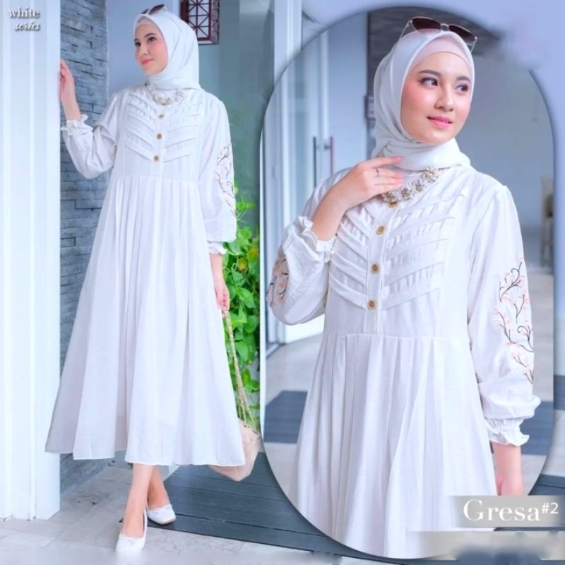 Gamis Midi Dress Bordir Busui Putih Terbaru Fashion Muslim Perempuan Dress Lebaran