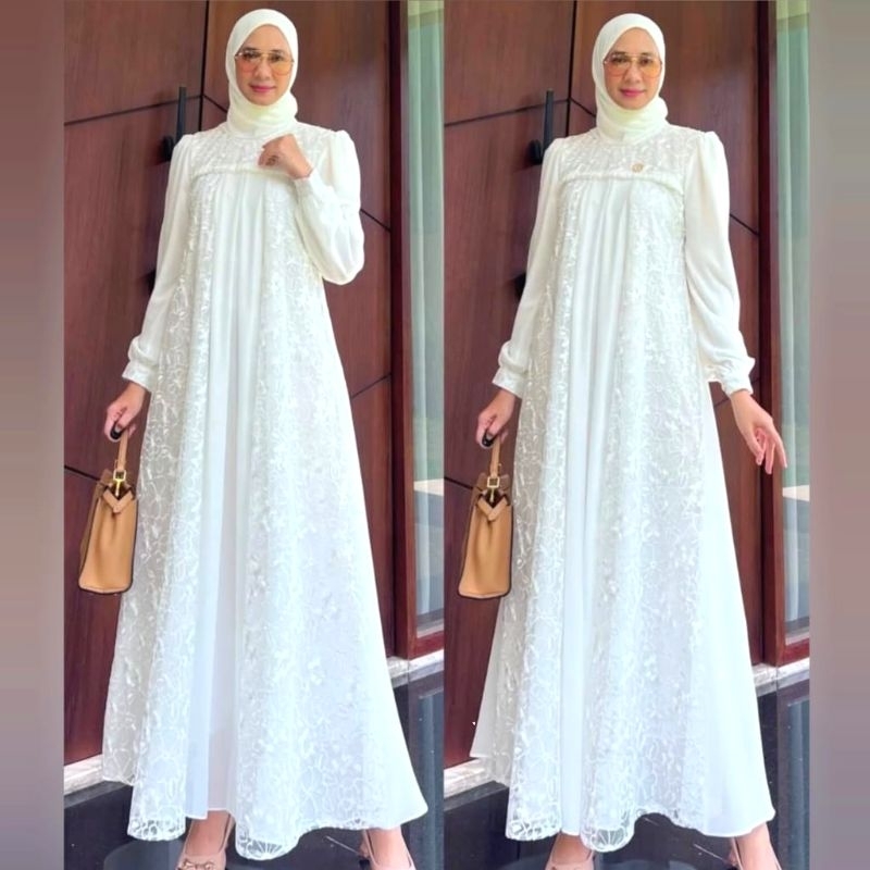 Gamis 2 Layer Brukat Tile Bordir Putih Terbaru Lebaran Fashion Muslim Perempuan Dress