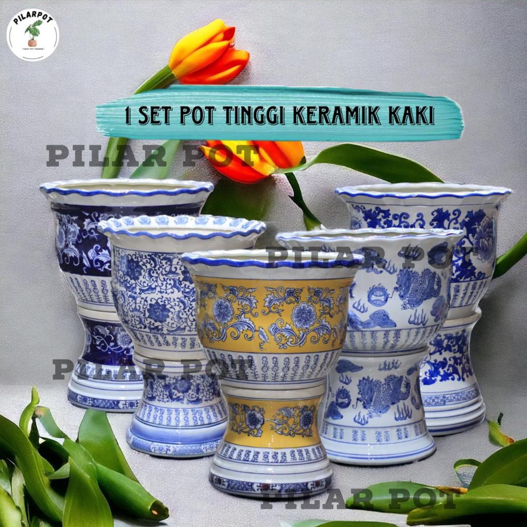 POT BUNGA TANAMAN TINGGI KERAMIK KAKI D35 T43 GLOSSY - 1 SET KERAMIK KAKI