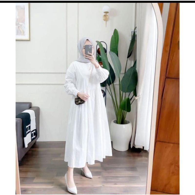 gamis midi dress putih polos remaja/busui bahan crincle size S M L XL XXL
