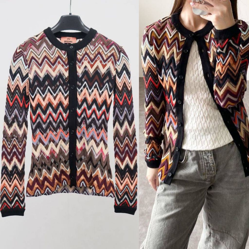 READY MISSONI Zigzag Crochet Knit Wool Blend Cardigan Brown