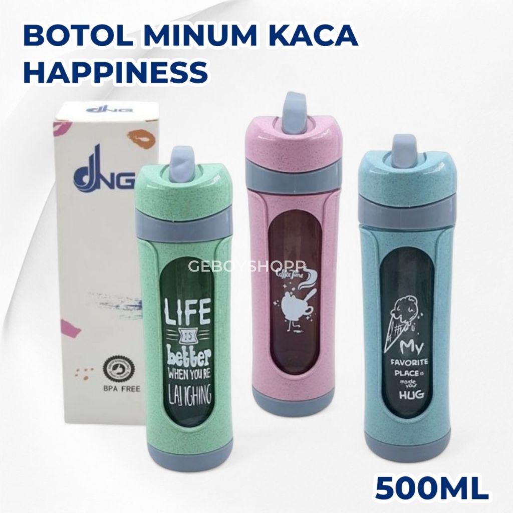 Botol Minum Kaca Happiness 500ml / Tempat Minum Unik / Botol Air Kaca Happiness 500ml
