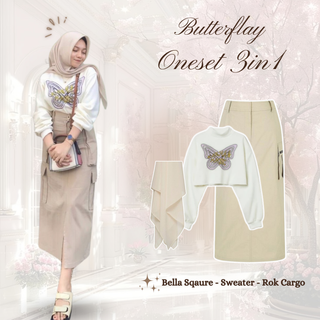 BUTTERFLAY Oneset 3in1 - Ide Outfit Nongki ( Rok Cargo + Sweater + Bella Sqaure ) Ootd Remaja, BK82