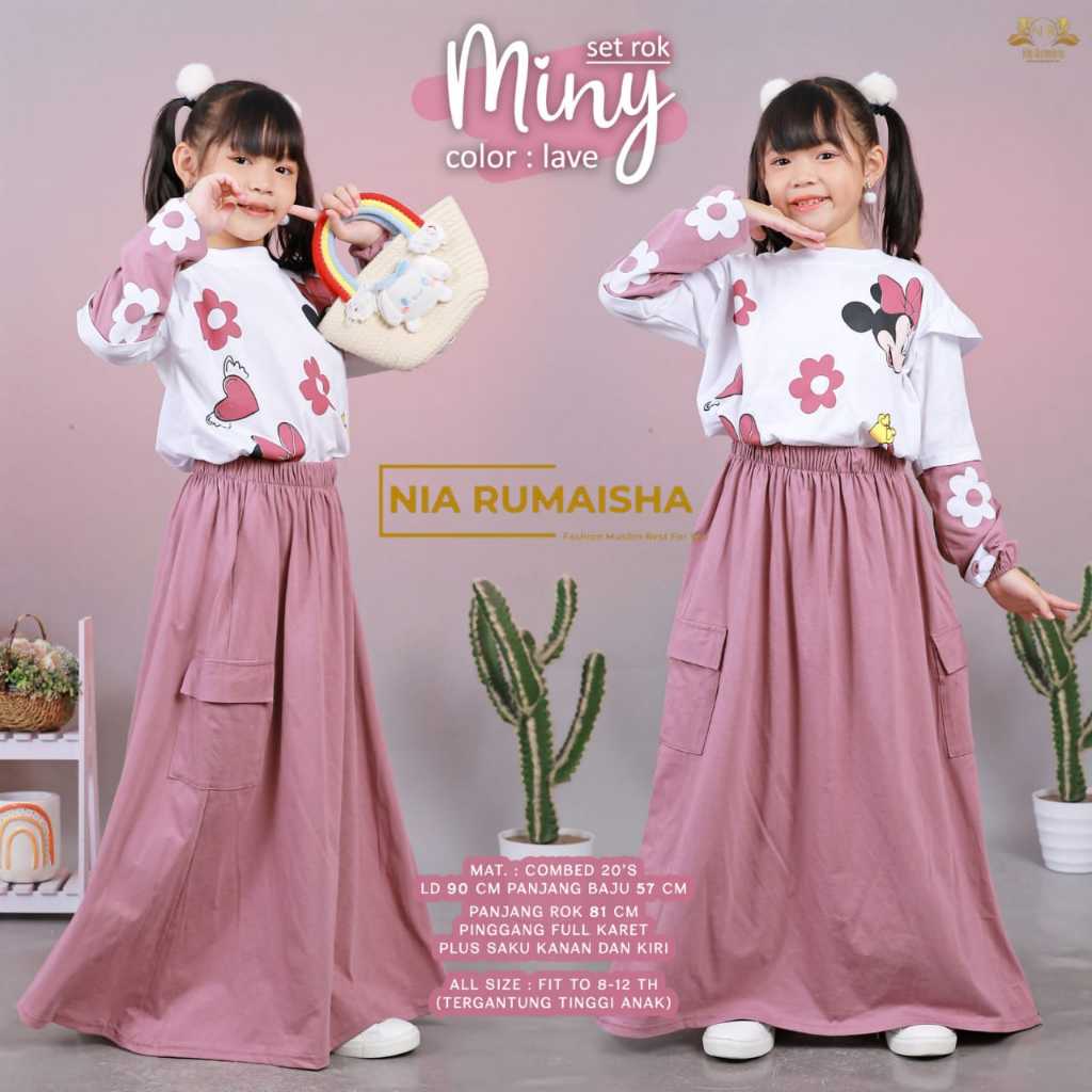 Miny Setelan Baju Muslim Anak Perempuan Usia Tanggung Set Rok Anak Umur 8-12 Tahun Motif