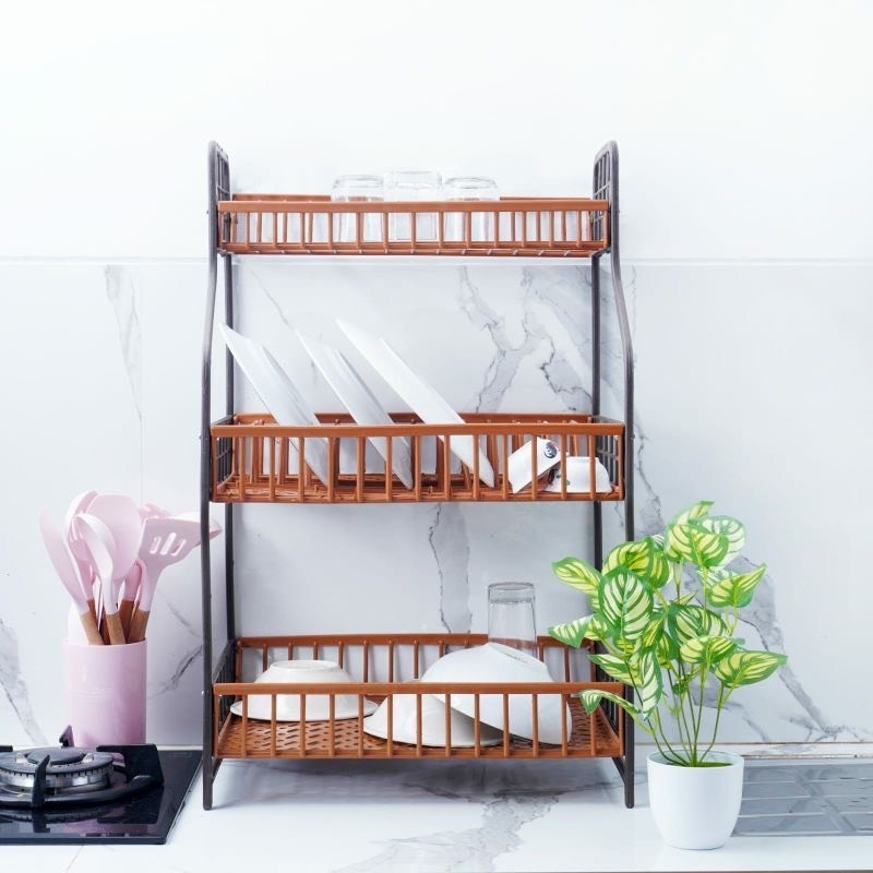 Rak Piring Susun 3 Plastik Warna Deluxe Coklat  - Rak Dapur Serbaguna / Rak Wastafel / Rak Murah