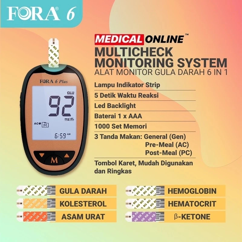 FORA 6 PLUS 6 IN 1 / Alat Cek Gula Darah, Kolesterol, Asam Urat, Hemoglobim, Keton