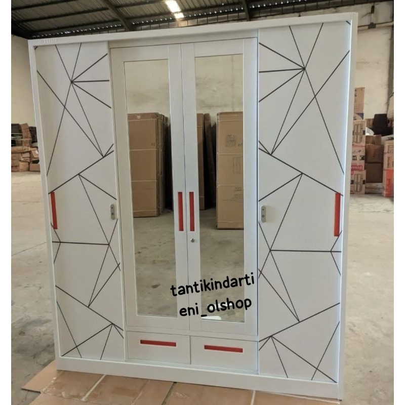 LEMARI PAKAIAN 4 PINTU BAHAN PLAT/BESI (CERMIN, GANTUNG, LIPAT, LACI, MOTIF) PUTIH KARSINDO