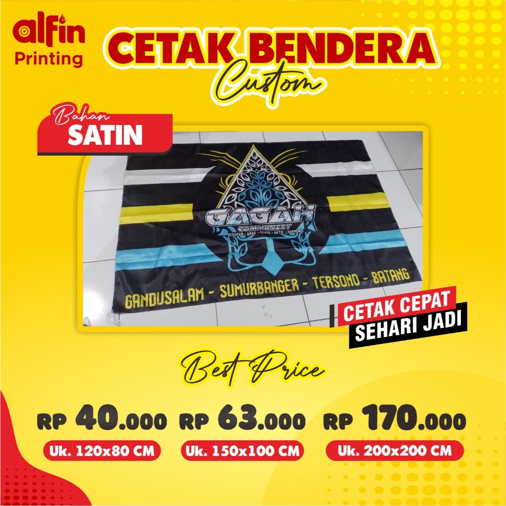 CETAK BENDERA KAIN SATIN CUSTOM FULL PRINT KAIN TC / TETRON DESAIN BEBAS TERMURAH