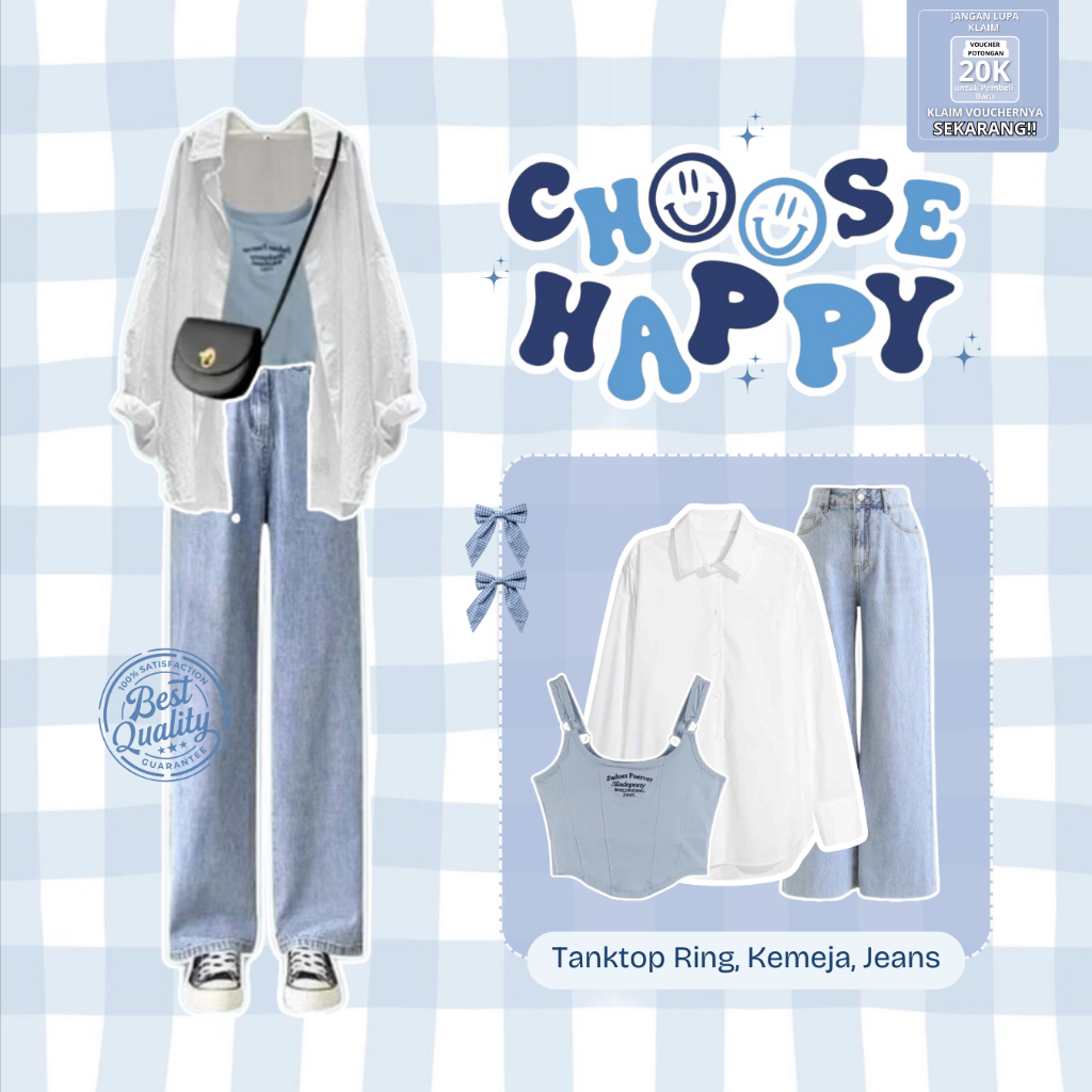 1 Set Korean Style (Kemeja Putih, Celana Jeans, Tanktop) One Set Wanita Hijab OOTD Jeans - AZ07