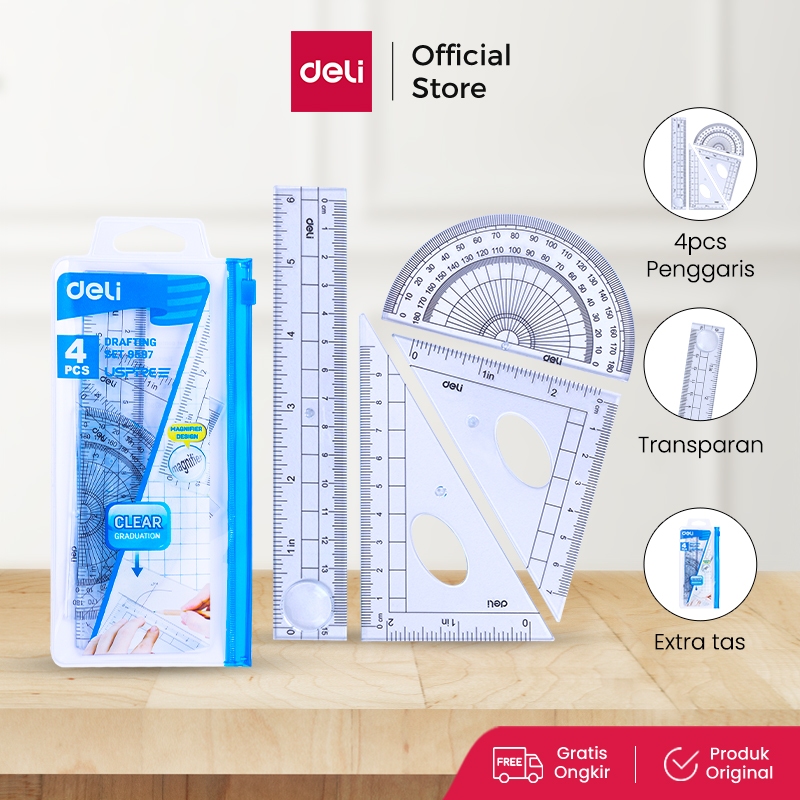 

Deli Set Penggaris Set Persegi Busur Derajat Set 4pcs PS tembus berkualitas, tahan lama E9597